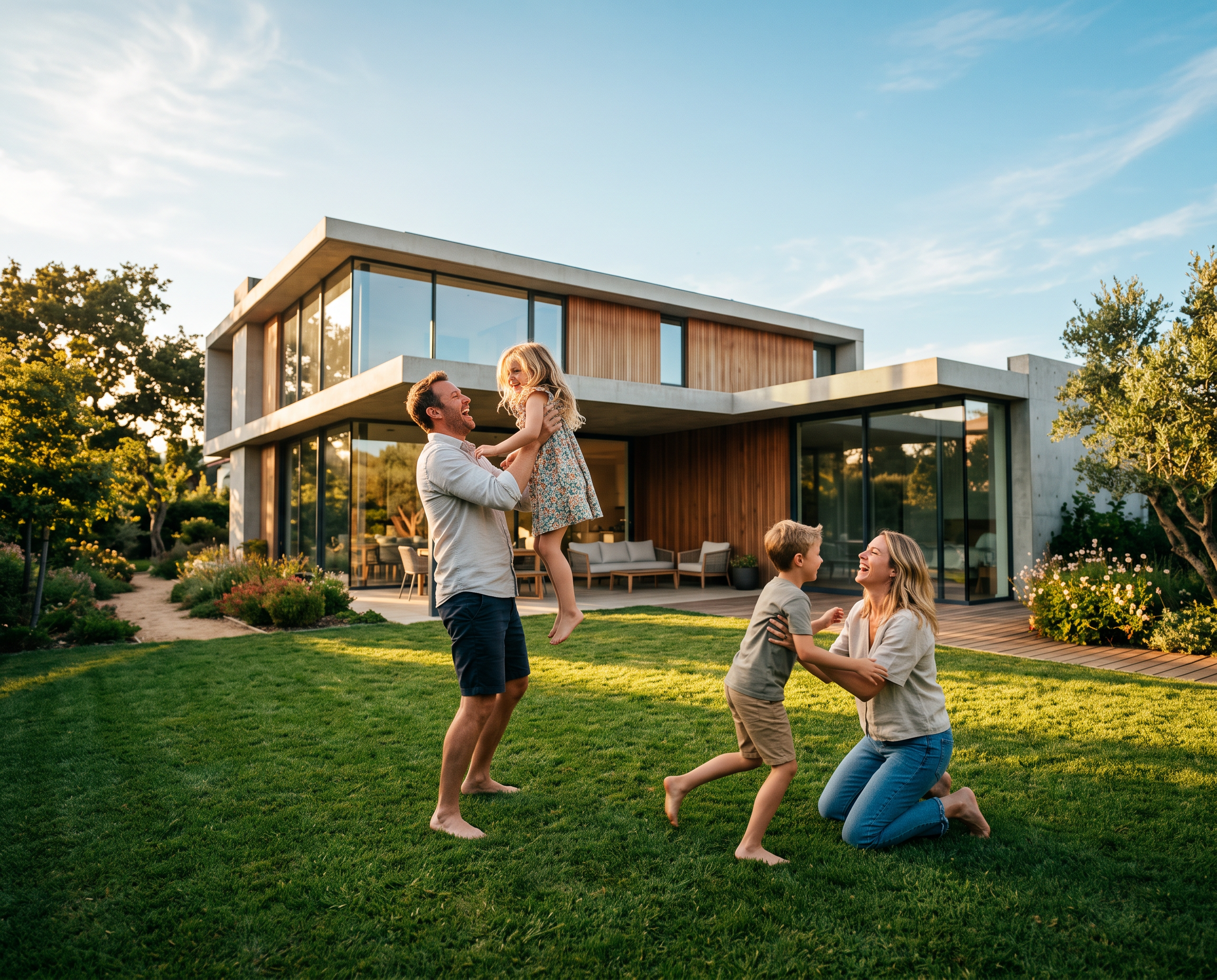 Familie vor ihrem Haus mit neoom Energielösung