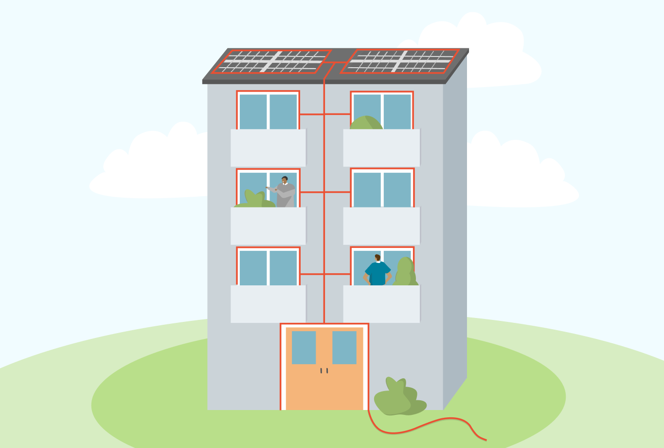 Illustration mit gemeinschaftlicher Erzeugungsanlage auf einem Mehrparteienhaus